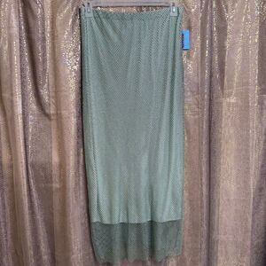 WAYF Light Sage Green Rhinestone Fishnet Mesh Maxi Skirt Large NWT